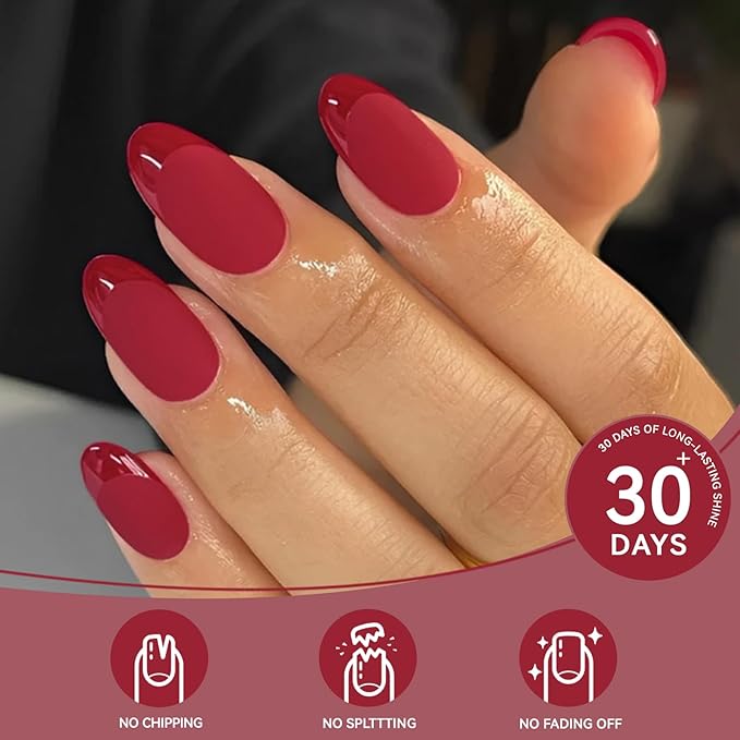Red French Press on Nails Short Almond-Solid Red Nails with Glossy French Tip in a Matte Finish, Soft Gel Reusable Fall Fake Nails Winter Burgundy Stick on Nails for Women Gift, 32PCS 16 Sizes