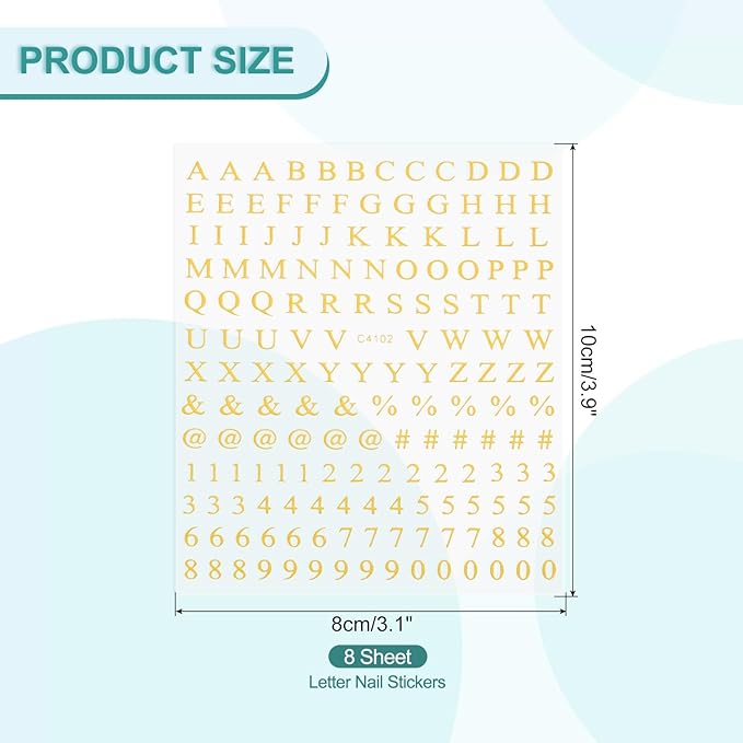 PATIKIL Letter Nail Stickers, 8 Sheet 3D Self-Adhesive English Letter Nail Decal Small Alphabet Art Sticker Metallic Fluorescence Design Manicure for Women DIY Decor, Gold