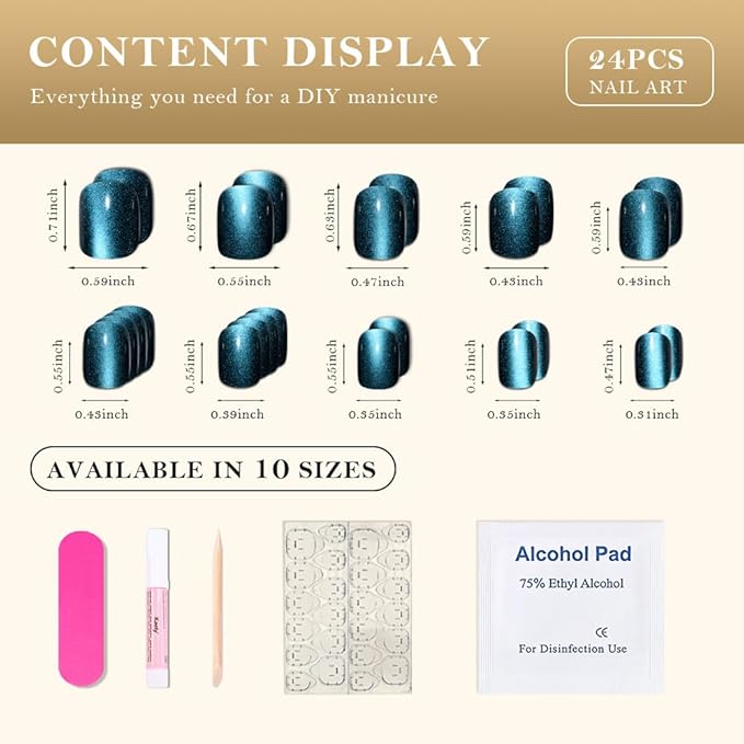 Cat Eye Green Press On Nails Short Square, Designer Reusable Acrylic Fake Nails with Glue, Glossy Soft Gel Nails Wedding and Party, Stick On Glue On Nails, Nails Press Ons fro Women