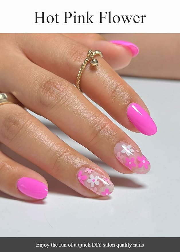 Semi Cured Gel Nail Strips (Hot Pink Flower), 20 Pcs Summer Gel Nail Wraps, Stickers, UV Light Required, Salon Quality, Long Lasting