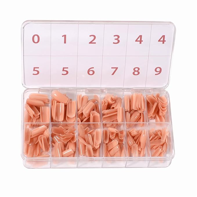 Allkem Soft Gel Nail Tips - Medium Long Square Nail Extensions Kit - 12 Sizes Long Full Cover Nails - Nude (504 Pieces)