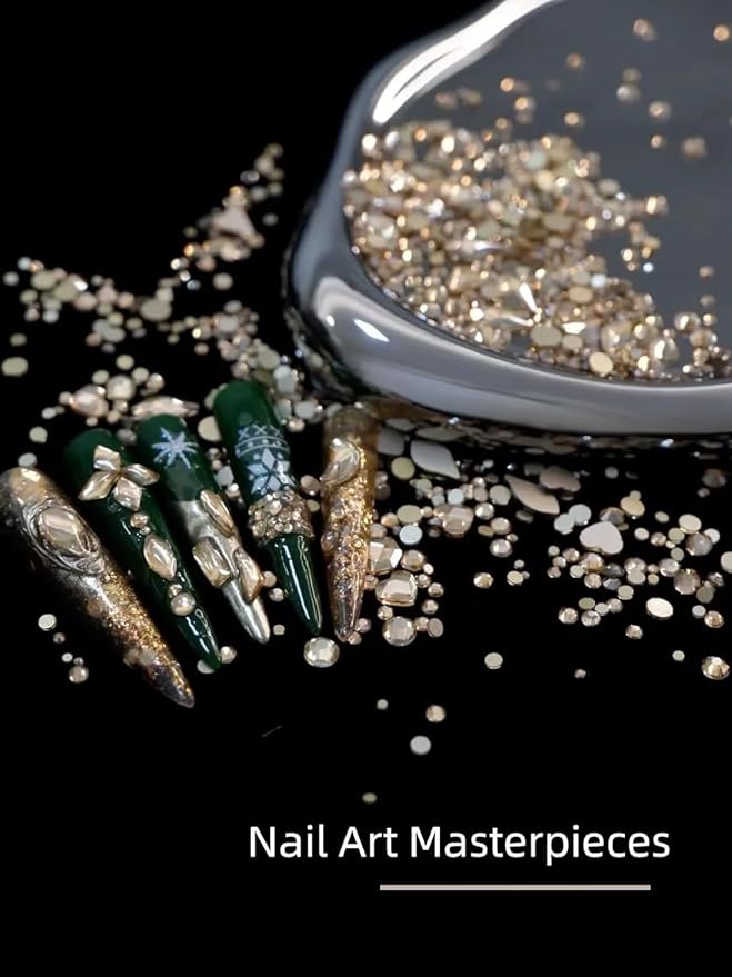 Champagne Nail Rhinestones, 5380Pcs Flatback Gold Glass Charms Gems Stones, 24 Grids 19 Types of Shaped Nail Art Rhinestones Kit with Tweezers, 6 Sizes for Face Decoration