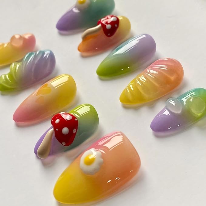 Handmade Press on Nails Short Almond 3D Unique Reusable ABS Material Cute Fake Nails Luxury False Nails with Designs Mushroom Egg Colorful Glossy Glue on Nails Thick Acrylic Nails(M)