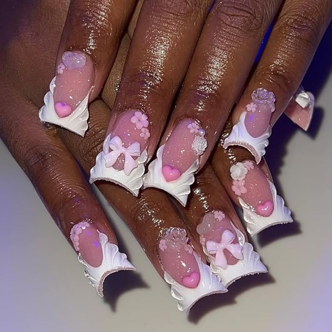 French Tip Press on Nails Handmade Short Duck 3D Floral Thick Acrylic Nails Cute False Nails with Bow Rose Flower Designs White Glossy Fake Nail Sturdy Art Press on Nail 10Pcs(M)