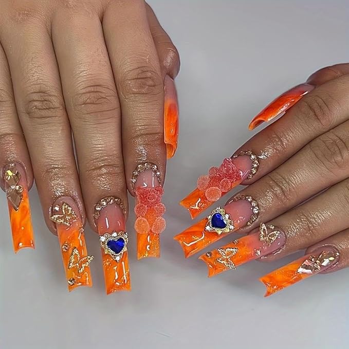 48Pcs Ombre Orange French Tips Press on Nails Long Square Fake Nails with Hearts Bear Charm Design Butterfly Diamond False Nails Short Square Press on Toenails Flower Fake Toenails for Women Manicure