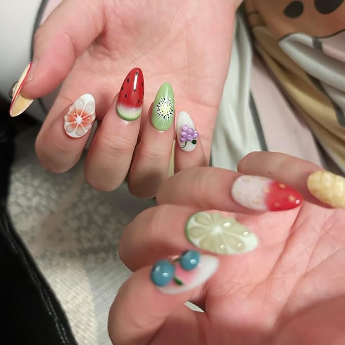 Press On Nails - Medium Almond Handmade Unique Fake Nails, Fruit Style Art Design, Thick Acrylic and Muti-Layer Gel False Nails, Reusable Gel Cured Sturdier 3D Fake Nails with Nails Kit (Size M)