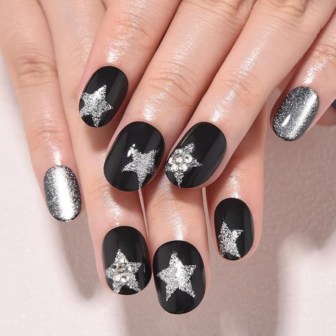 evpct Black Goth Cat Eye Short Press on Nails Oval, Short Oval Stick on Nail for Women Gift, Gothic Silver Star Metallic Glitter Glossy Reusable Spring Summer Press on Acrylic Fake Nail with Design