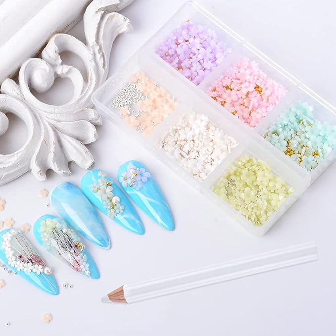 Mixed 3D Flower Nail Charms and Metal Caviar Beads, Acrylic Resin Flowers Nail Design Gold Silver Nail Ball Beads for DIY Decoration Nail Craft Accessories With Pickup Pencil