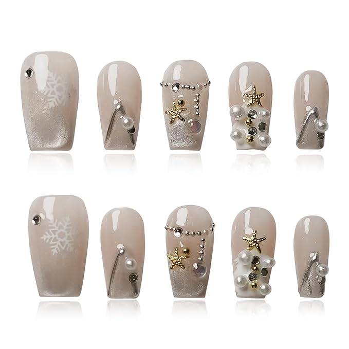 Cat Eye Press on Nails Handmade Short Square - Snowflake & Luxe Tree Light Design with 3D Pearl Gold Star, Winter False Nails for Women Girls (Holiday Cateye,S)