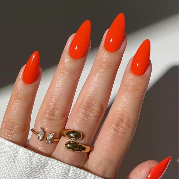 Orange Press on Nails Almond Shaped 48Pcs Neutral Thick Fake Nails for Women, Medium Almond Nails Press on Reusable Acrylic Nails Glue on Medium Length Stiletto False Nails Gel Artificial Nails