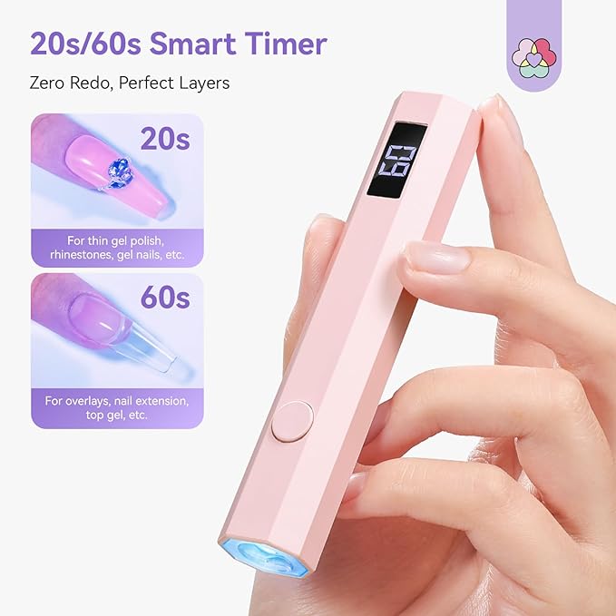 SAVILAND MiniUV Nail Lamp: Quick Dry Pink UV Nail Flash Cure Light with Foldable Stand Visible LCD 20/60s Timer Rechargeable Portable Cordless Gel Flash Cure Lamp Gel Tip Glue Rhinestone Decorations