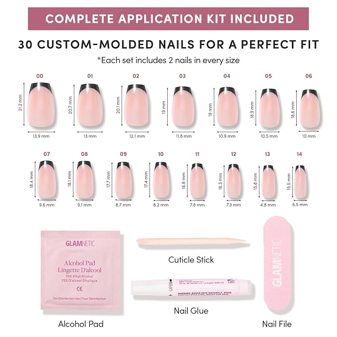 Glamnetic Press On Nails - Balsamic Glaze | Medium Coffin Black French Tip Fake Nails, Salon Quality French Manicure | 15 Sizes - 30 Nail Kit with Glue