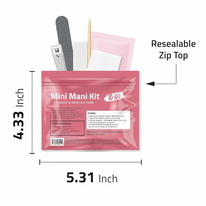 Mini Mani Kit – Disposable Manicure Set with Nail Clipper, File, Buffer, Cuticle Stick, Remover Pad & Alcohol Wipe – Single-Use Nail Care Kit for Travel, Events, or Bulk Hygiene (Regular, 5, Count)