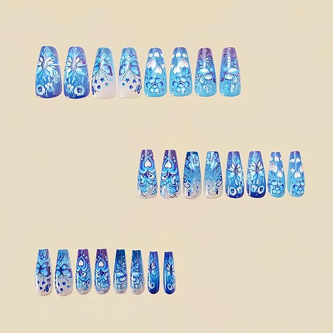 Medium Coffin Fake Nails Flower Press on Nails Spring Glue on Nails Full Cover Butterfly Stick on Nails Reusable Heart Flower False Nails for Women Spring Nails Manicure Kit 24Pcs