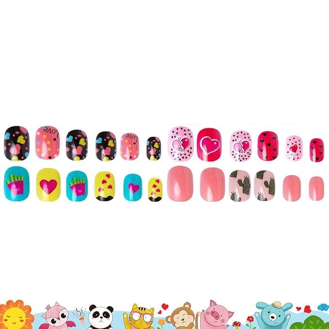 120Pcs 10 Packs Cute Short Press on Nails for Girls 5 Styles 12 Sizes Press on Nails for Kids Press ons with Heart Cactus Solid Color Designs Full Cover Acrylic Nails for Little Girl Gift DIY Manicure