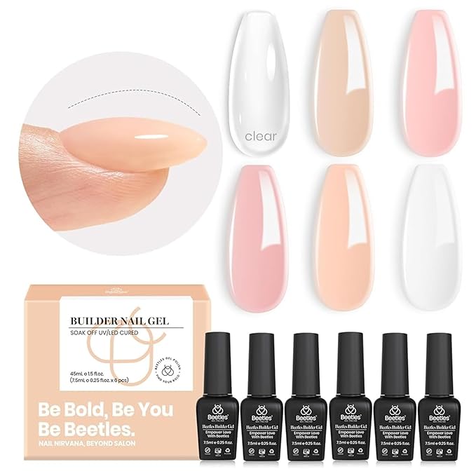 Beetles Builder Gel Set,Soft Nude Whisper 6 Colors 8 in 1 Strengthening Building Apex & Nail Extension for Beginners DIY Salon at Home,Nude Pink Builder Nail Gel,UV & LED Lamp Needed