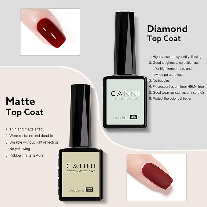 CANNI 2 Pcs 9ml Gel Top Coat Matte Top Gel Polish Set - Shine Finish and Long Lasting, Soak Off LED Nail Lamp Gel DIY Nail Salon Manicure Gifts for Women