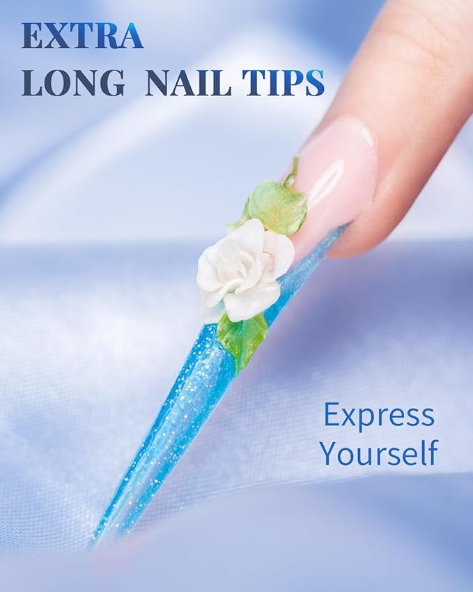 MORGLES 240 Pcs Half Cover Coffin Nail Tips Clear Acrylic Extra Long False Nail Tips with Glue, Clipper, Files and Cuticle Fork for Salons and Home DIY