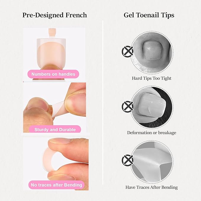 Toe Nail Press Ons, French Tip Toe Press On Nails for Salon, 150pcs Square Pre-Designed Soft Gel Thick False Toenail Extension, French Nude Acrylic nails Valentines Gifts for Women 15 Sizes