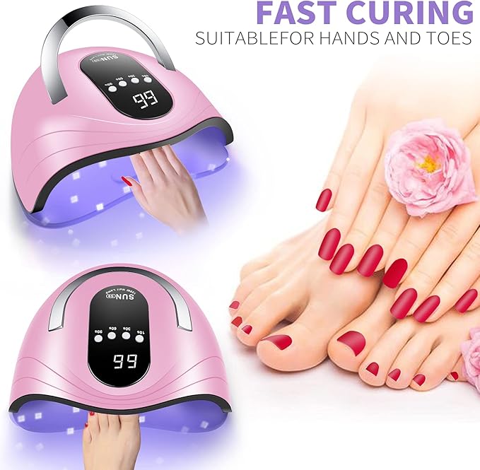 UV Gel Nail Lamp 120W LED Nail Light Fast Nail Dryer for Gel Polish Curing with 4 Timers Portable Handle Large Space Automatic Sensor(Pink)