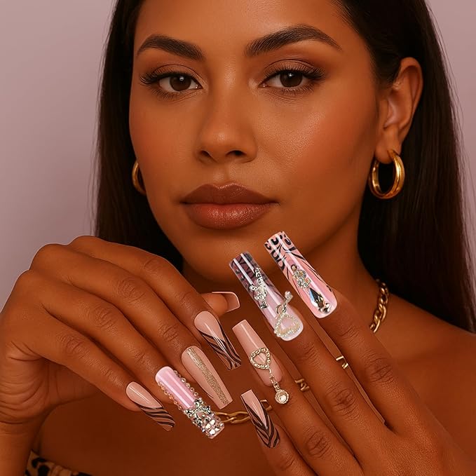 XL Junk Nails Press On – 24Pcs Gold Charm False Nails, French Tip Long Coffin Shape DIY Fake Nails for Women, Bling Rhinestones Nail Kit for Baddie Nail Look (Designs, long pink)