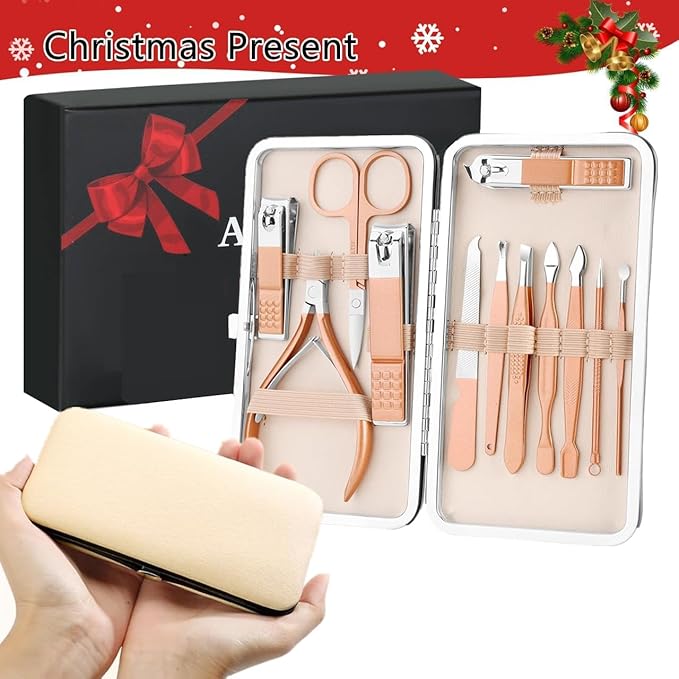 Professional Manicure Pedicure Set 12in1 Nail Care Kit with Stainless Steel Nail Clippers Cuticle Trimmer Grooming Manicure Pedicure Tools for Women Ultra Sharp Sturdy Personal Care Tools Travel Case