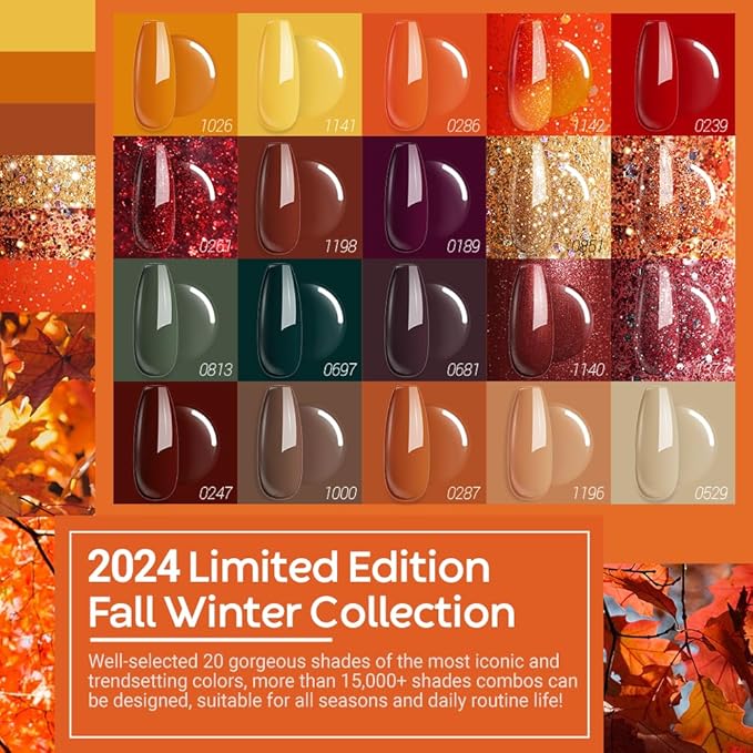 modelones 20 Colors Gel Nail Polish Kit, Fall Winter Gel Polish Set Soak Off Nail Polish Kit with Glitter, Glossy and Matte Top Base Coat DIY Manicure at Home