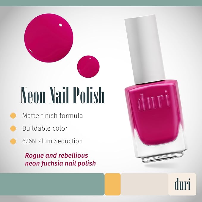 duri 626N Plum Seduction, Neon Fuchsia Nail Polish, Full Coverage, Matte Finish, Lasting, 0.45 Fl Oz
