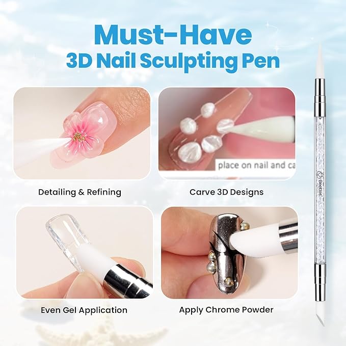 Beetles 3D Gel Nail Art with 3D Mold-2 Pcs Sandy Glow Clear and White Solid Builder Gels for Nails Non-Sticky Sculpting with Dual-Ended Sculpture Pen, Beginner Friendly DIY at Home,UV LED Lamp Needed