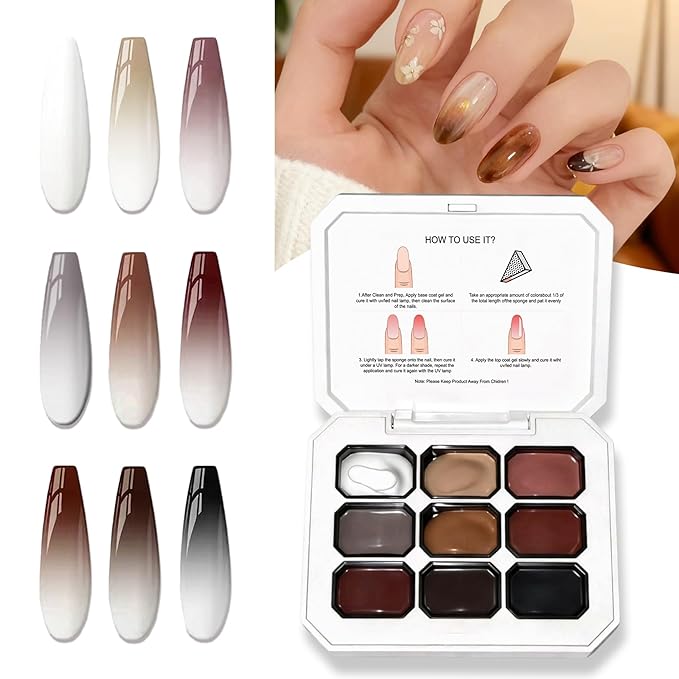 9 Colors Gradient Blooming Gel Nail Polish Palette, Aura Nail Art Kit for Blush Nails, Solid Creamy Gel for Ombre Nails, Sponge Patting Painting Gel, UV/LED Cured Nail Art Set for Beginners
