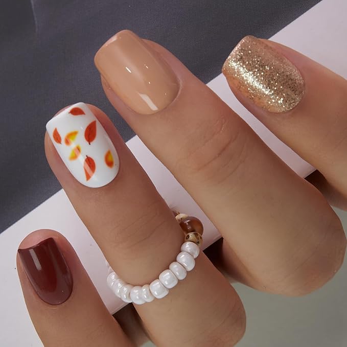 Curvlife Press On Nails – 30PCS Full Cover False Natural Fit Soft Gel Fake Nails Tips, Easy to Apply at Home Glue On False Nails Kit (Autumn-Inspired Brown Nails with Glitter and Leaf Design, Short)