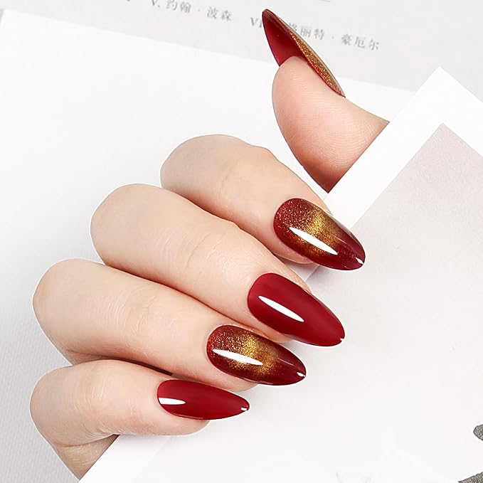 Red Cat Eye Press On Nails - Almond Glitter Static Fake Nails, Handcrafted Reusable Manicure for Glam Party Style, 24 Nails in 12 Sizes with Glue, Tabs, File, Prep Pad, Manicure Stick
