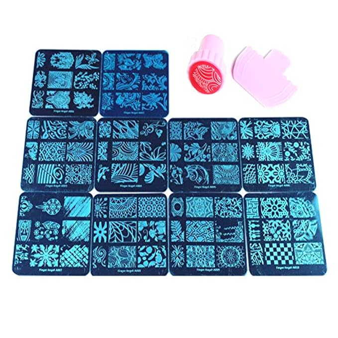 10 Pcs Nail Stamping Plates + 1 Stamper + 1 Scraper Lace Flower Animal Pattern Nail Art Stamp Stamping Template Image Plate Nail Art Stamper Scraper Nails Tool (A01-010)