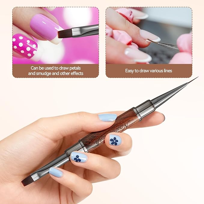 Acrylic Nail Brush,Double-ended Nail Brush French Tip Brush,Nail Art Painting Brush for Long Lines,Thin Details, Fine Drawing,Builder Gel,Polygel (Large rectangular round brush+5mm Line brush)