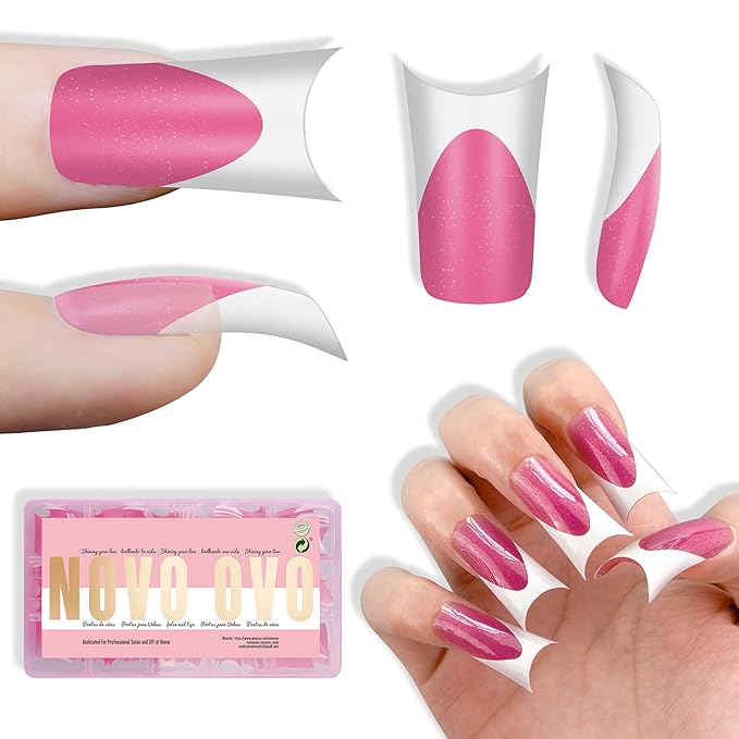 NOVO OVO Halloween Duck Nail White French Tips Press On ROSE PINK with Glitter, Full Cover Acrylic with Moon Curve, Medium Thick Pre-Etched Flare Wide Soft Gel False Nail Extension x 15 Sizes 150 pcs