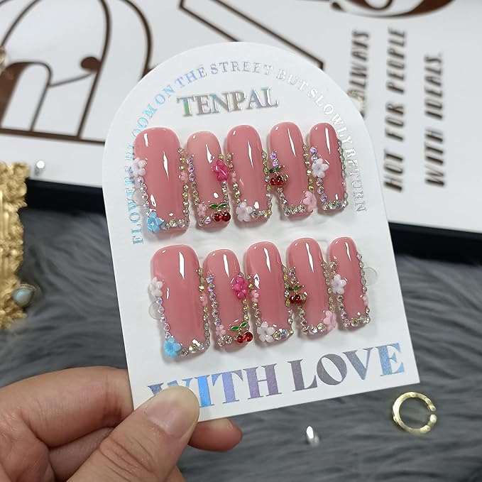 DazzleShine Press on Nails Long Square - Sheer Pink French Tip with Rhinestone Edge Luxury False Nails for Women,Glossy Handmade Acrylic Glue on Nails for Daily(S)