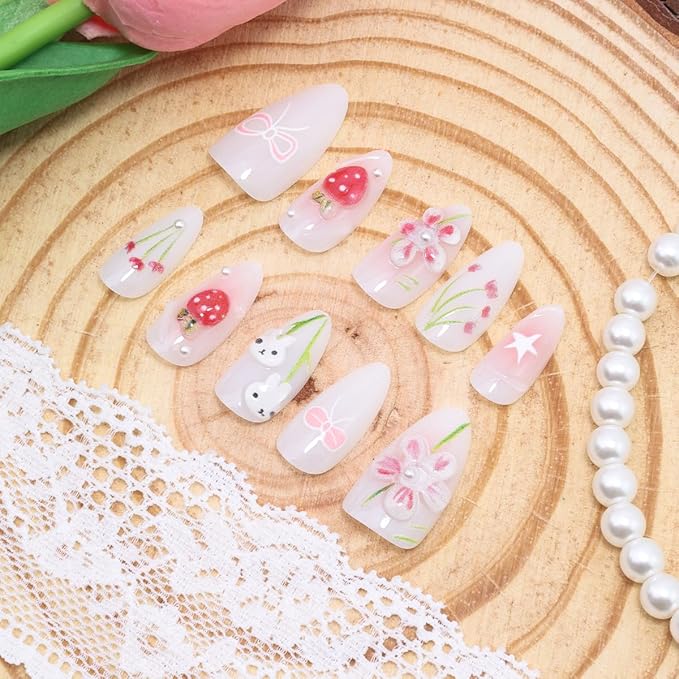 30Pcs Cute Press on Nails Medium Almond Fake Nails 3D Pearl Design Pink Flower Glue on Nails Easter Acrylic Nails Bunny False Nails Star Strawberry Bow Artificial Stick on Nails for Women Manicure