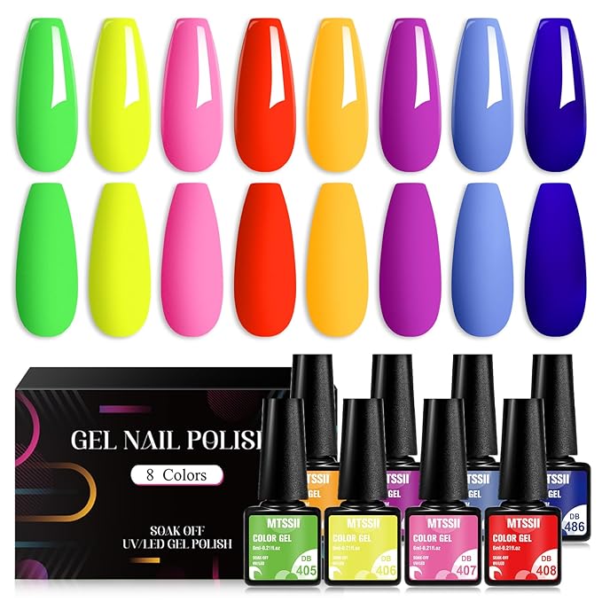 MTSSII Neon Gel Nail Polish Set, 8 Colors Hot Pink Yellow Green Blue Red Purple Spring Summer Fluorescent Gel Polish Set for Home DIY Manicure Nail Salon