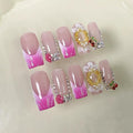 Square Press on Nails Medium Length Handmade Fake Nails Rose Red French Tip Acrylic Nails with 3D Flower Charms Designs False Nail Sparkly Full Cover Stick on Nail for Women Manicure 10Pcs(Size M)