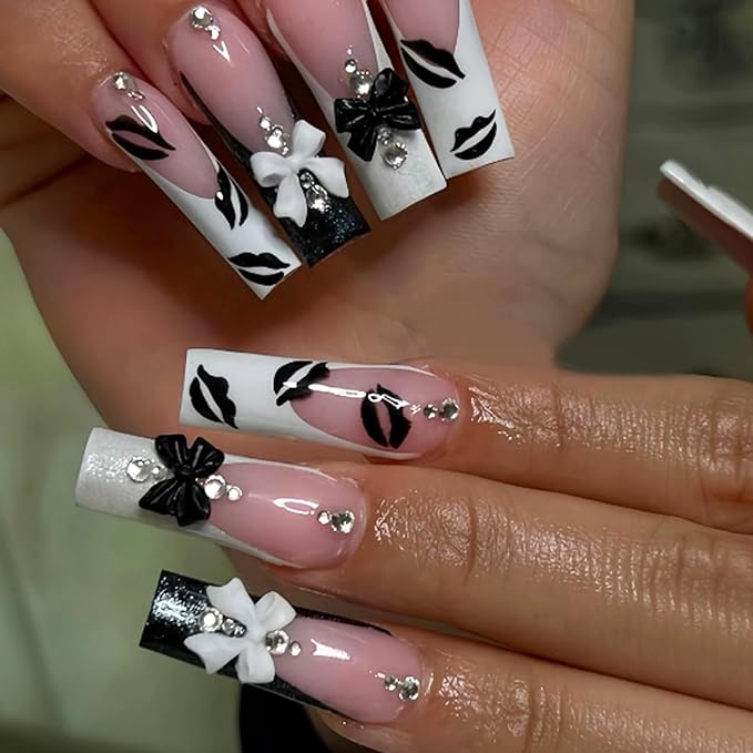 MISUD Press on Nails - Long Square Fake Nails with Black White French Tip, Acrylic Lip Rhinestone Design 24 pcs