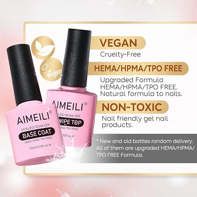 AIMEILI Hot Pink Neon Gel Nail Polish, and No Wipe Top and Base Coat Set