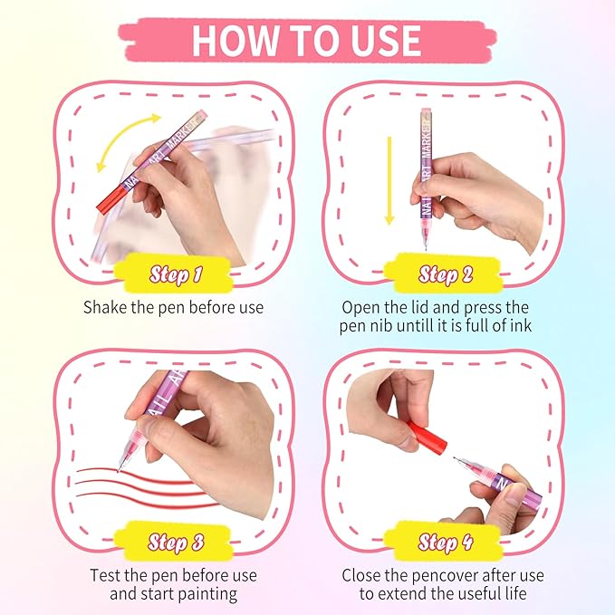 12 Colors Nail Art Pens Set for Girls,Quick Dry Nails Doodle Pens for Girls,Nails Art Marker Pen Fine Tip for Home Salon Nail Art（0.5mm Pen Nib）