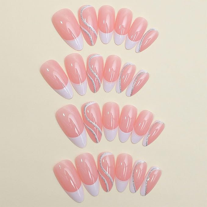 White French Tip Press on Nails Almond Medium Fake Nails Pink False Nails Glitter Swirl Glossy Full Cover Acrylic Glue on Nails Artificial Stick on Nail for Women Manicure 24Pcs