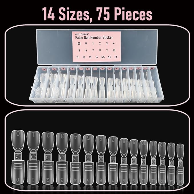 Dual-ended Short Nail Mold Kit, Square & Almond Shape, Embeddable Ultra-Thin Seamless Measured Nail Forms with Gel Scoop, 15 Sizes 75Pcs