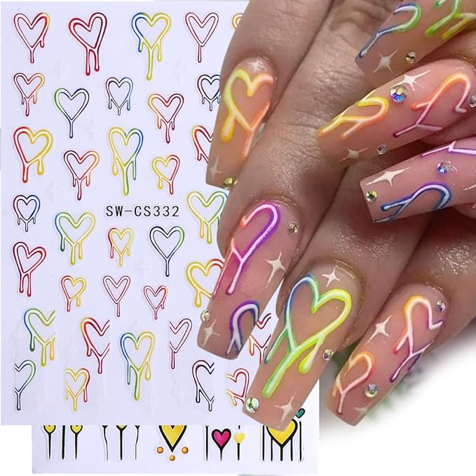 Valentines Nail Art Stickers Decals 12PCS Romantic Heart Bow Nail Decals 3D Self Adhesive Red Pink Colorful Cherry Lips Line Nail Art Design Valentine Manicure Decoration Sticker for Women
