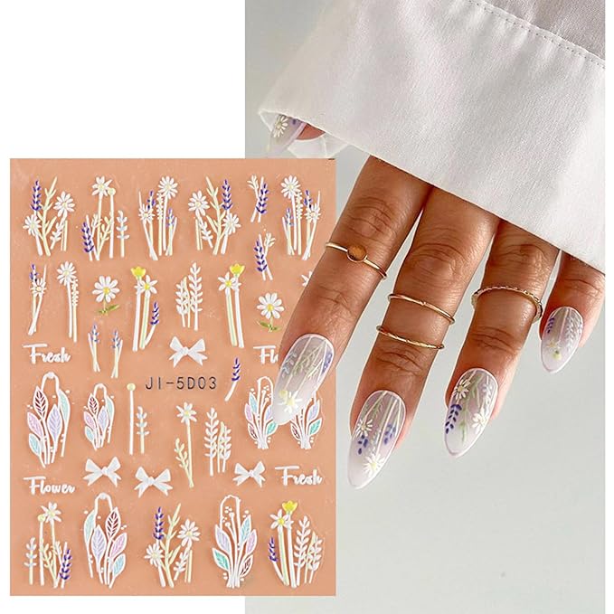 Nail Stickers, 5 Sheets Self-Adhesive Nail Art Decals, Floral & Leaves Designs for Manicure Decorations