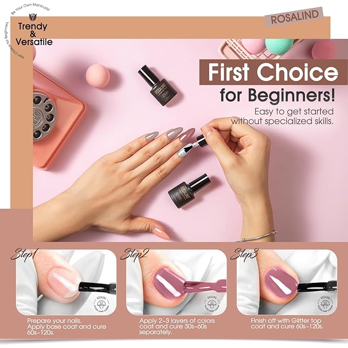 ROSALIND Pink Gray Purple Gel Nail Polish Set, 12 Colors White Pink Silver Gel Polish Brown Blush Gel Polish Set Soak Off Pinks Elegant Purple Glitter Gel Nail Polish