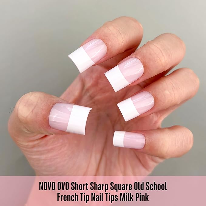 NOVO OVO Old School Wide White French Short Sharp Square Tip Nail Tips Press on MILKY PINK, Need Builder Gel Top Coat Nail Glue, Soft Gel Full Cover Fake Nail Extension, for DIY x 15 Sizes 240 pcs