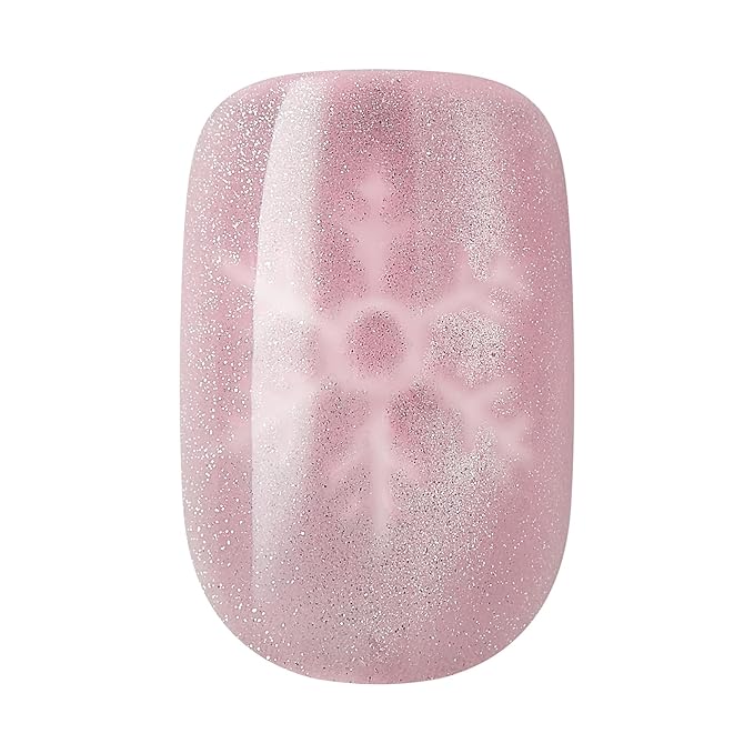 KISS Voguish Fantasy Holiday Press On Nails, ‘Frosty Delights’, Pink, Short Squoval, No Damage To Natural Nails, Pink Gel Nail Glue (2g), Mini Nail File, Manicure Stick, & 28 Fake Nails