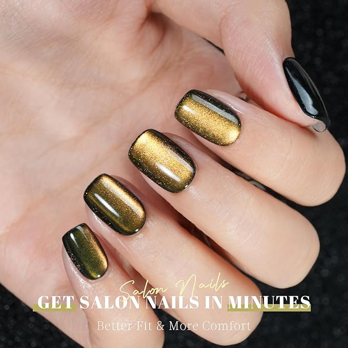 Cat Eye Press on Nails Short, Jofay Fashion Soft Gel Fake Nails, Stylish Square Press on Nails, Reusable & Natural Acrylic False Nails, Stick on Nails for Women Girls Gift, Glue on Nails Kit 32 Pcs